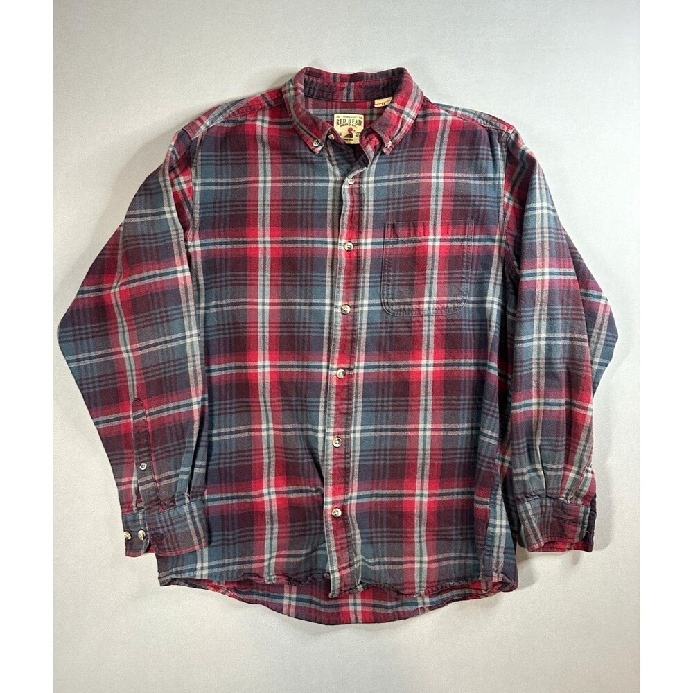 RedHead Mens Red/Blue/Gray Plaid Flannel LS Button-Up Shirt Pockets L